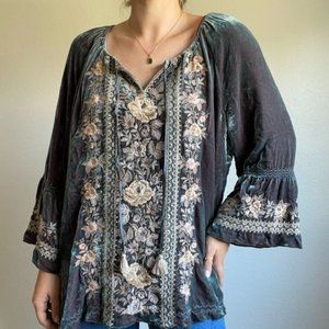 Johnny Was Purple Blue Velvet Floral Embroidered Peasant Blouse Hippie Boho Sz L